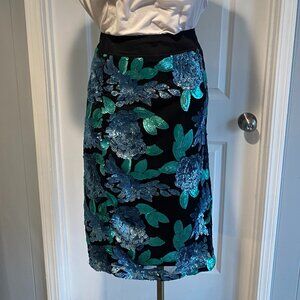 eShakti Black and Blue Floral Pencil Skirt
